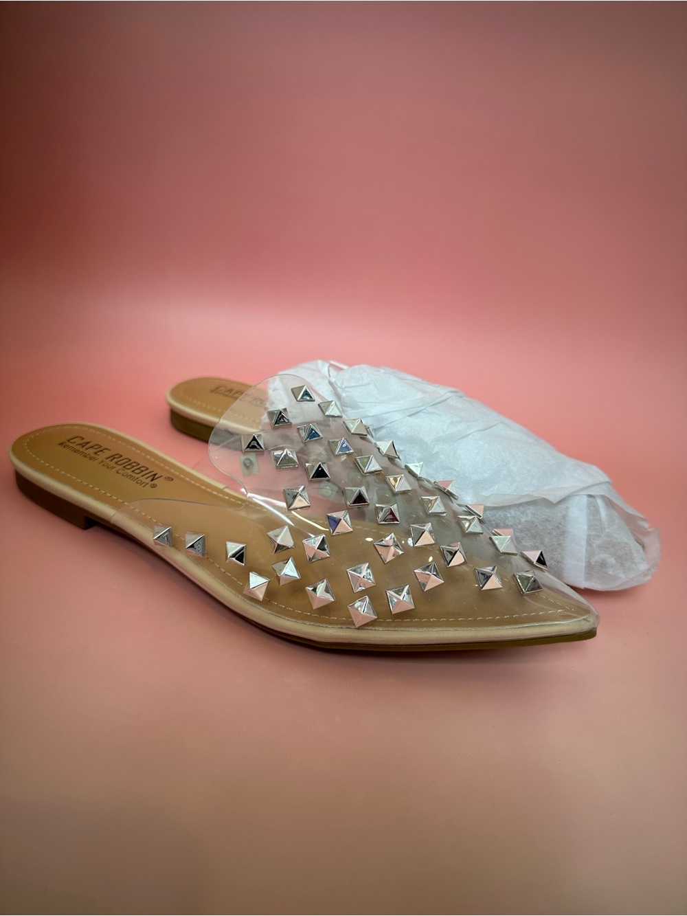 Cape Robbin Clear Studded Slides with Tan Footbed